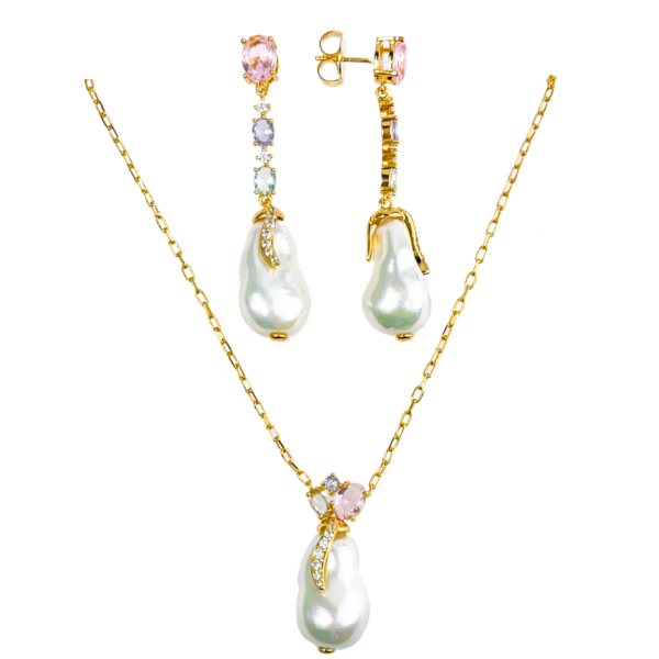 CONJUNTO FOLHEADO A OURO PÉROLAS BARROCAS-CJFLO2380