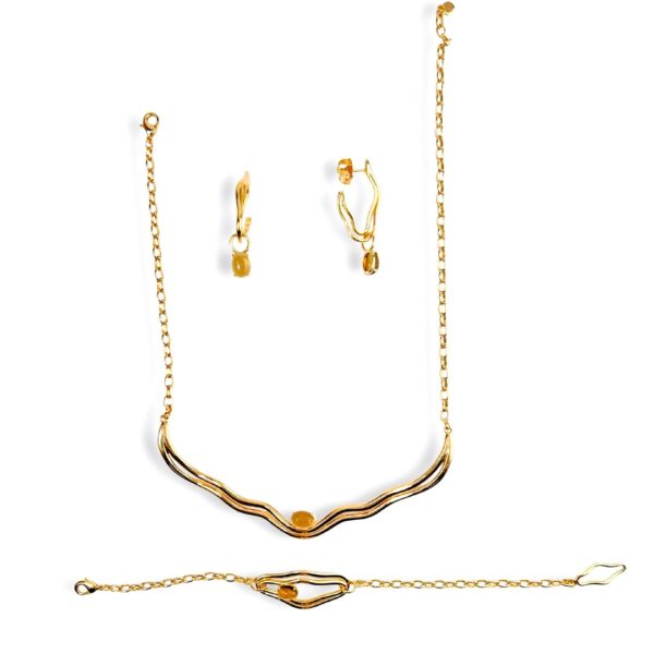 CONJUNTO FOLHEADO A OURO ORGÂNICO COM PEDRA NATURAL-CJFLO2379
