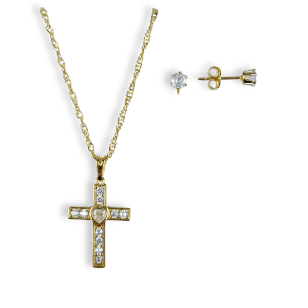 CONJUNTO FOLHEADO A OURO CRUZ COM ZIRCÔNIA-CJFLO1890
