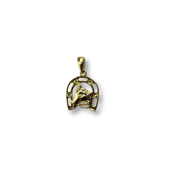 PINGENTE FOLHEADO A OURO FERRADURA COM CAVALO CENTRO-PGFLO0473