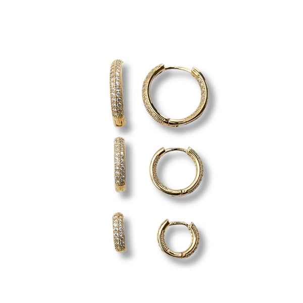BRINCO FOLHEADO A OURO TRIO DE ARGOLAS CLICK CRAVEJADAS COM ZIRCÔNIAS-BRFLO3774