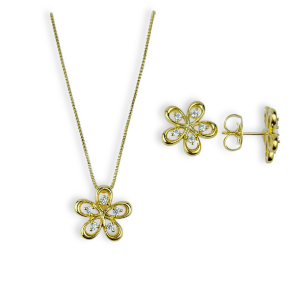 CONJUNTO FOLHEADO A OURO FLOR VAZADA COM ZIRCÔNIAS-CJFLO1704