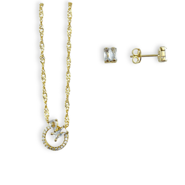 CONJUNTO FOLHEADO A OURO MEIO CIRCULO CRAVEJADO COM DETALHES EM ZIRCÔNIAS-CJFLO1899