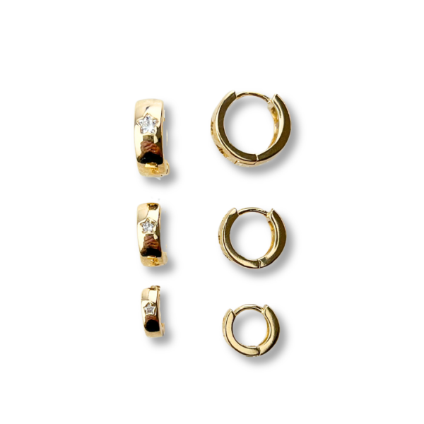 BRINCO FOLHEADO A OURO TRIO DE ARGOLAS CLICK COM DETALHE EM ESTRELA-BRFLO0669