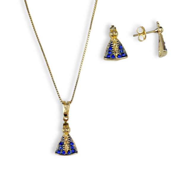 CONJUNTO FOLHEADO A OURO NOSSA SENHORA APARECIDA CRAVEJADO SIMPLES-CJFLO0119